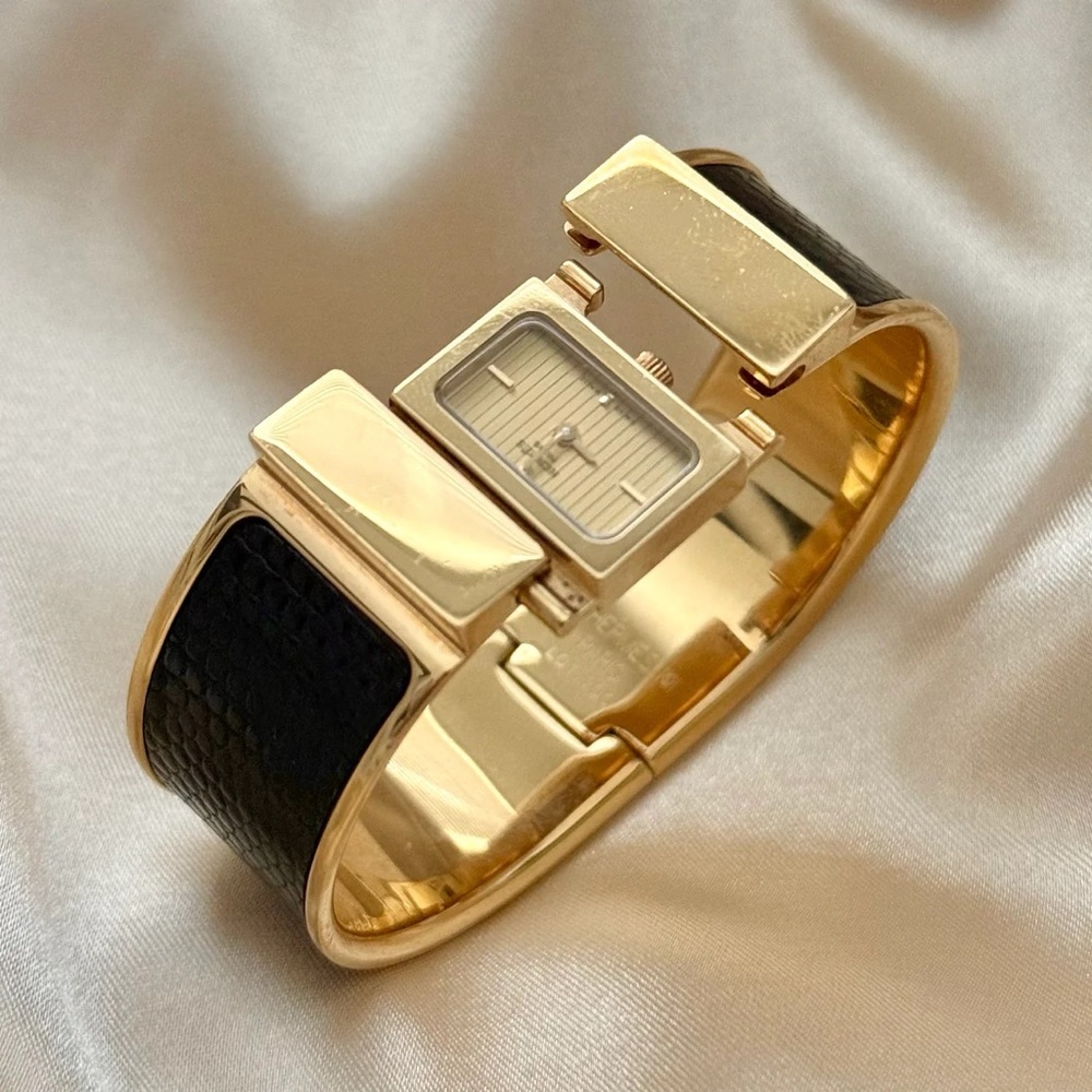AUTHENTIC VINTAGE HERMES LOQUET BLACK LEATHER CUFF WATCH - WITH BOX - Picture 8 of 12